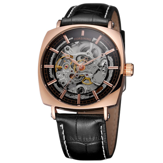 Forsining Black Genuine Leather Fashion Royal Luxury Gold Clock Transparent Skeleton Men Automatic Mechanical Watches
